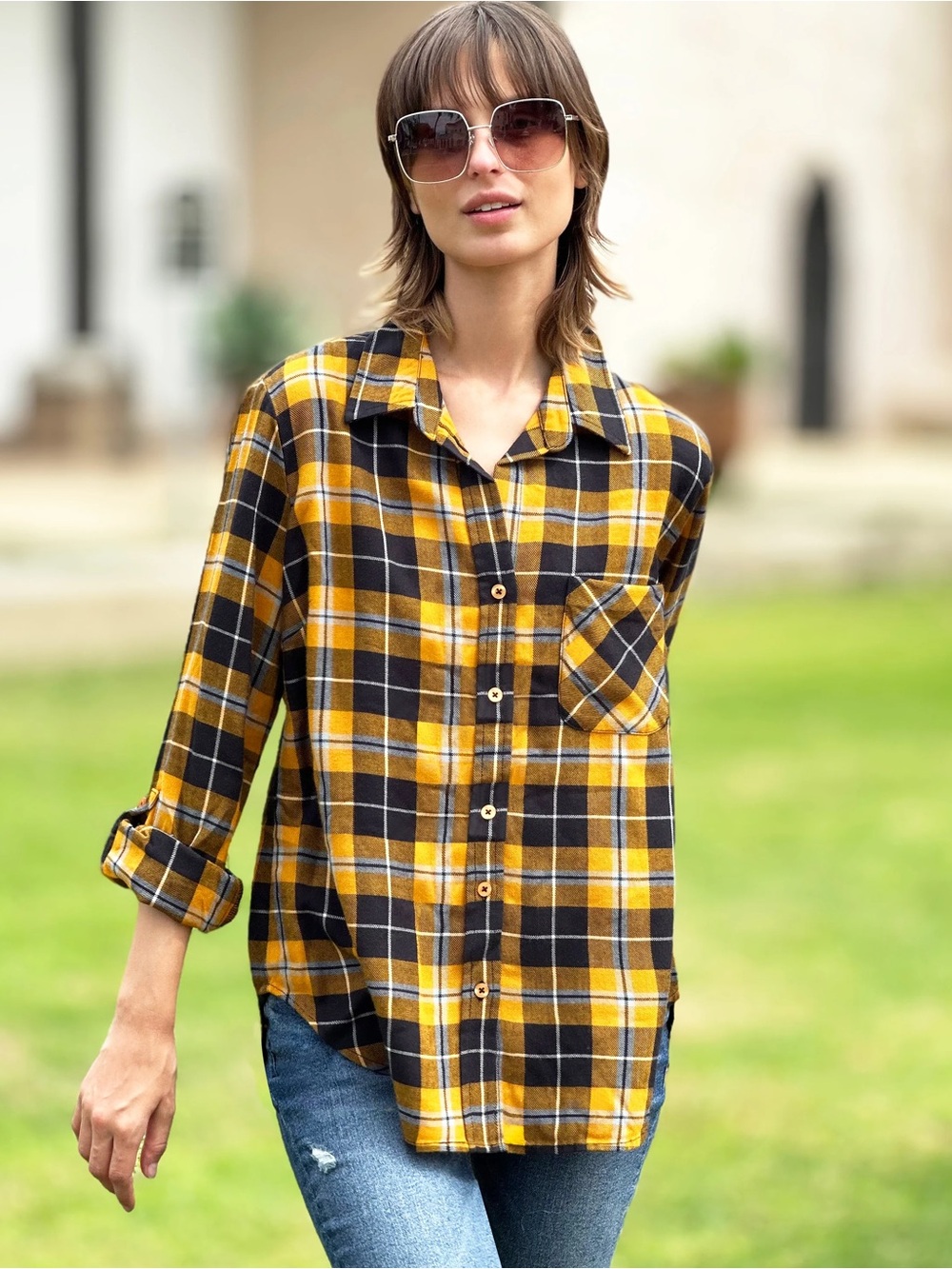 BILLY T LARGE Yellow Plaid Button-Down Shirt with Chest Pocket